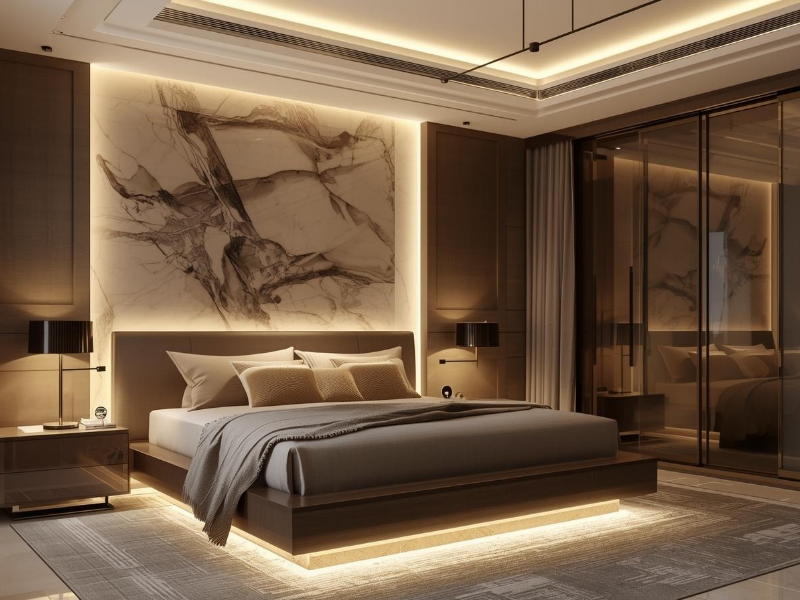 luxury bedroom interior design with false ceiling and Lightning