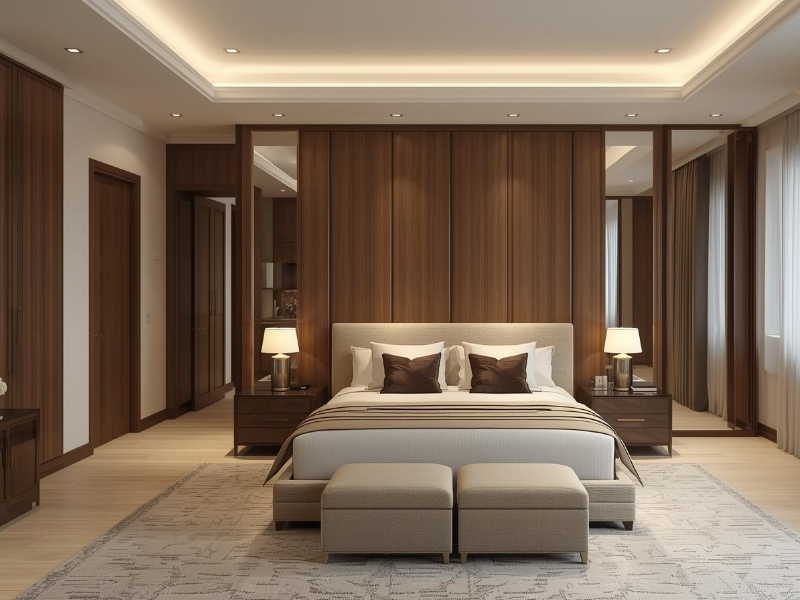 luxury bedroom interior design with false ceiling and Lightning