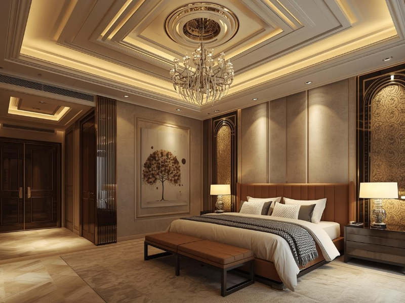 luxury bedroom interior design with false ceiling and Lightning