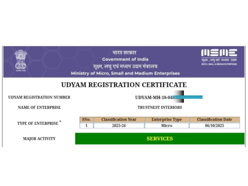 Udyam Registration Certificate TrustNest Interiors MSME Interior Contractor Mumbai