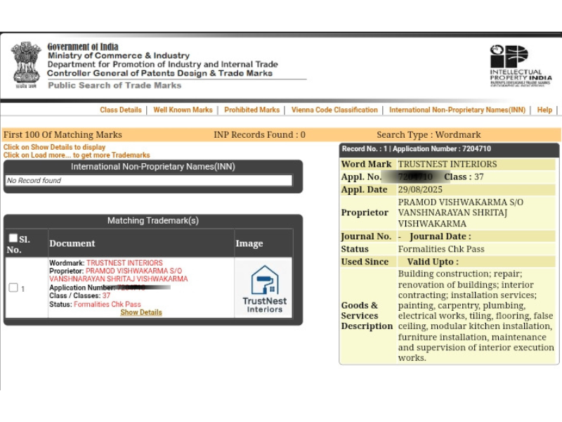TrustNest Interiors Trademark Application Class 37 Interior Contractor Mumbai