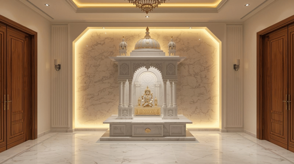 marble pooja room design with white marble mandir