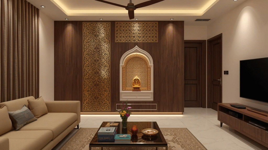 living room pooja room design with wooden partition