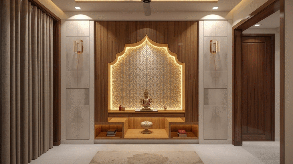 Pooja Room Design: Complete Guide for Indian Homes (Vastu + Modern Ideas) pooja room design for indian home with wooden mandir and led lighting